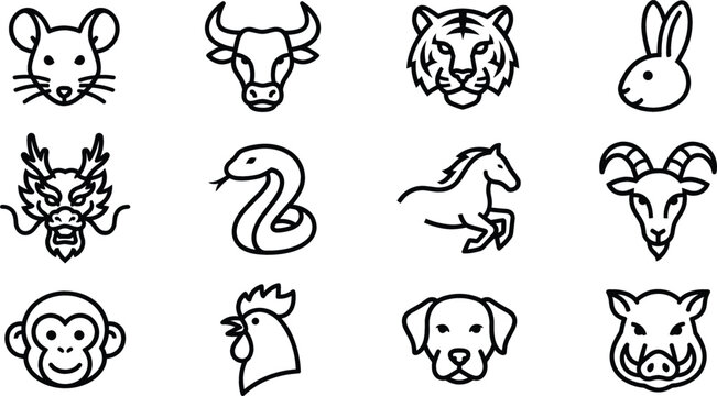 Chinese zodiac animals vector icon set with dragon tiger horse monkey and snake outline illustration
