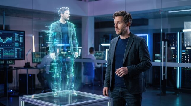 Two men stand in a modern server room. A man in a grey suit and blue shirt is looking at a holographic projection of a man wearing a futuristic suit.