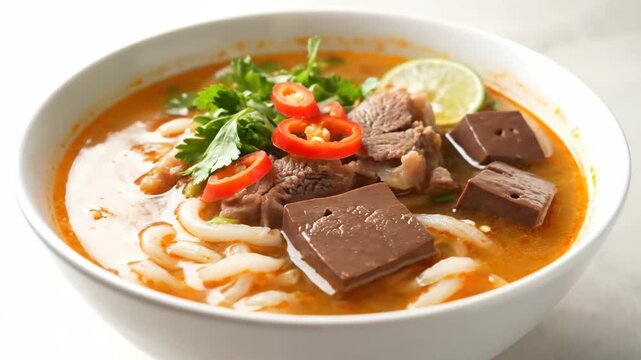 Close-up of Authentic Vietnamese B&uacute;n b&ograve; Huế Spicy Beef Noodle Soup Garnished with Chili, Cilantro, Lime, and Blood Curd in a White Bowl