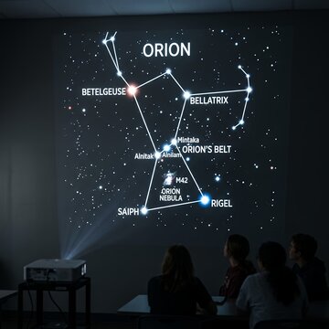 Orion constellation projected on a dark wall with people watching.