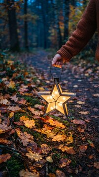 Person holding a glowing star lantern in an autumn forest.