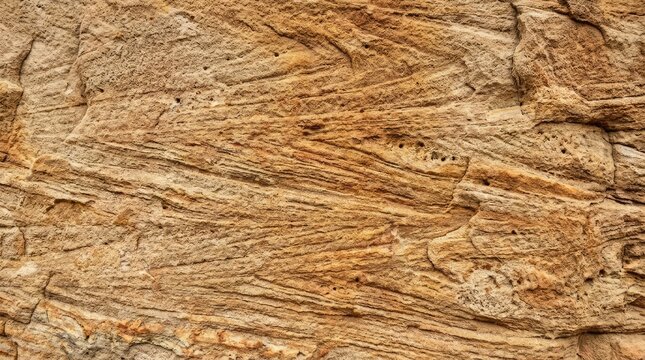A close-up image of a rough, textured rock surface. The rock exhibits a warm, earthy color palette with shades of brown, tan, and ochre.