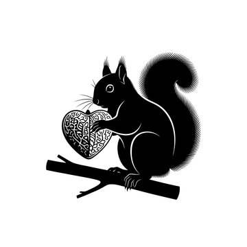 Black squirrel silhouette holding a decorative heart on a branch