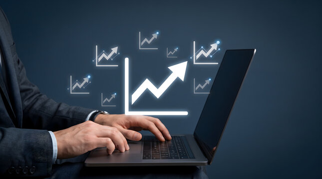 Financial growth visualization with rising charts, performance indicators, and wealth management technology concept