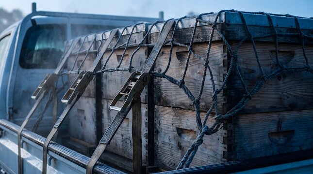 Wooden beehives secured on truck bed for transport