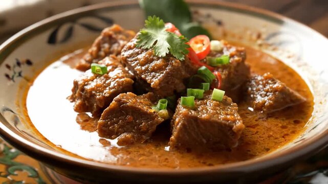 Close-up of rich Massaman Beef Curry or Lamb Stew in an orange sauce, garnished with fresh cilantro and scallions, served in a decorative bowl.
