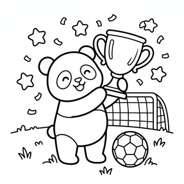 Happy Panda Winning Soccer Trophy Coloring Page Illustration