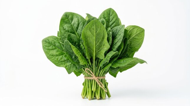 A bunch of fresh spinach leaves is tied together with twine. The vibrant green leaves are displayed against a plain white background.