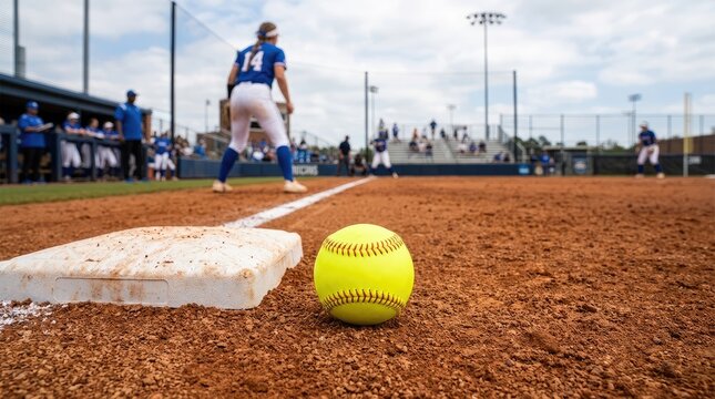 A female softball player stands at the batter's box, preparing to hit a bright yellow softball. The field is covered in reddish-brown dirt, and a white base is visible in the foreground.