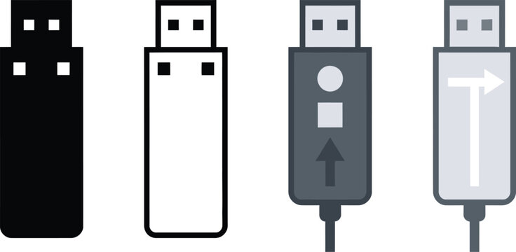 Set of four usb flash drive and cable icons in monochrome style with technology