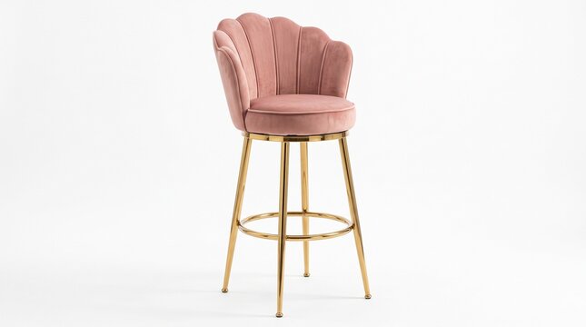 Elegant Pink Velvet Scalloped Bar Stool with Gold Metal Legs.