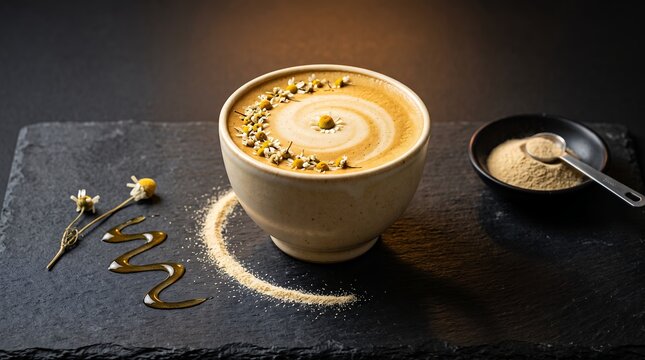 GABA Chamomile Calming Latte &ndash; Golden Botanical Sleep Drink with Chamomile Spiral and Honey Ribbon on Dark Slate