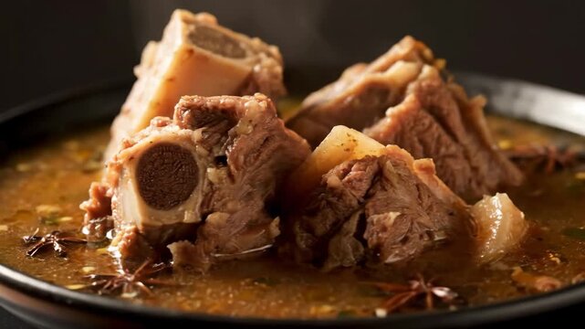 Professional studio close-up of tender, bone-in beef or lamb stew in a rich savory sauce, showcasing delicious culinary comfort food on a black background.