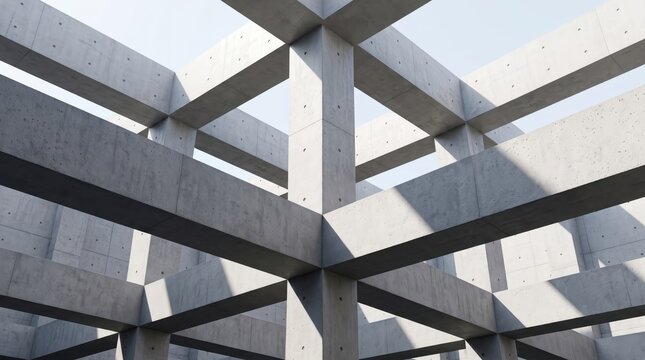 Modern concrete architecture structure with intersecting beams and columns, brutalist design style, geometric patterns, grey texture, industrial aesthetic, construction framework