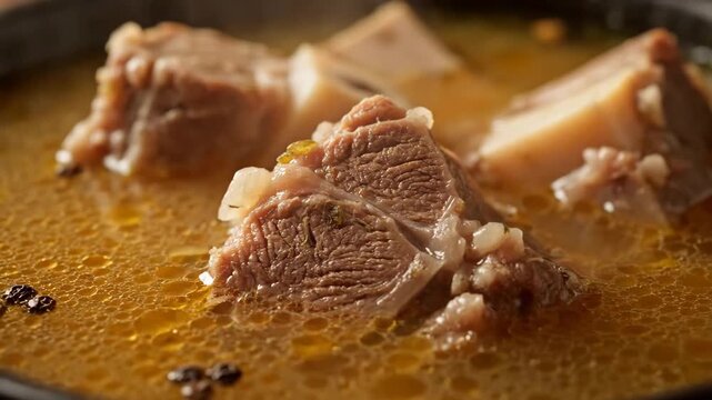 Extreme close-up of tender chunks of meat simmering in rich, savory bone broth, highlighted by oil droplets and black peppercorns, showing the texture of a slow-cooked stew.