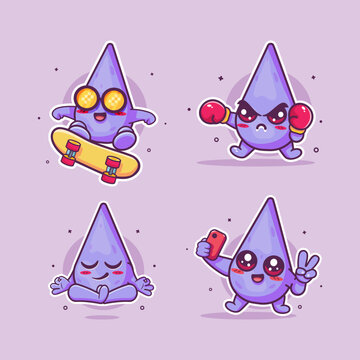Cute oil drop characters illustration set featuring skateboarding kickflip, boxing sport, yoga meditation, and taking a selfie.