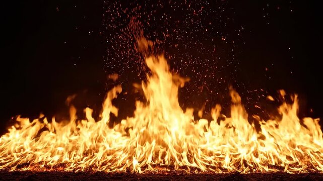 Intense orange fire flames burning in rows on black background