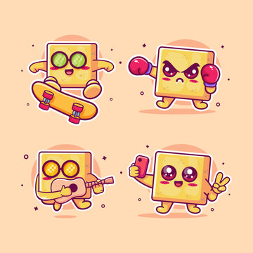 funny tofu food characters illustration set featuring skateboarding kickflip, boxing sport, playing guitar, and taking a selfie.