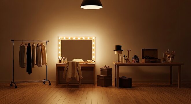 A dramatic, dimly lit vanity room is presented. A vintage makeup mirror with numerous bulbs illuminates a wooden table.