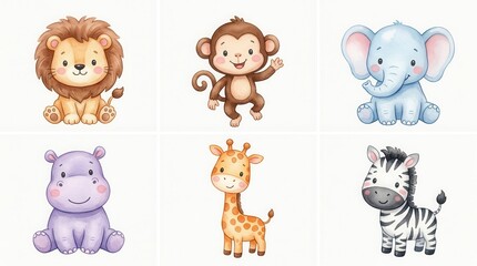 Fototapeta premium Watercolor Baby Safari Animals Set - Cute Lion, Monkey, Elephant, Hippo, Giraffe, and Zebra Nursery Illustrations