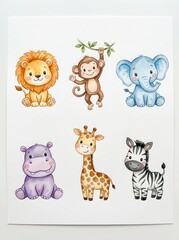 Fototapeta premium Cute Watercolor Safari Animals Set for Nursery Decor - Lion, Monkey, Elephant, Hippo, Giraffe, Zebra Illustrations