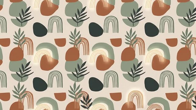 Abstract bohemian pattern animation featuring glowing geometric shapes and tropical leaves