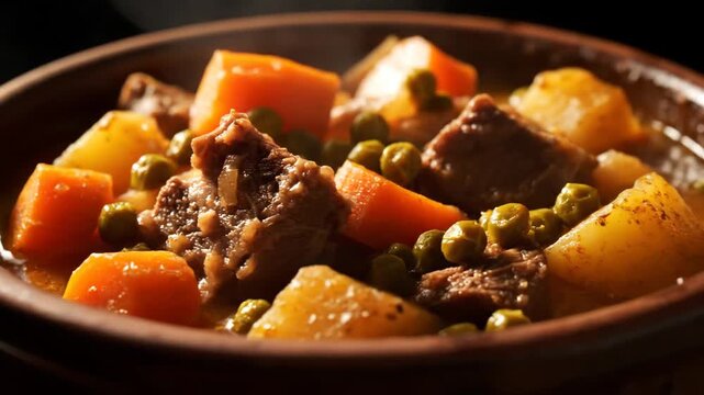 Close-up of steaming hearty beef stew with chunks of meat, potatoes, carrots, and green peas, served in a rustic earthenware bowl with moody, dark lighting.