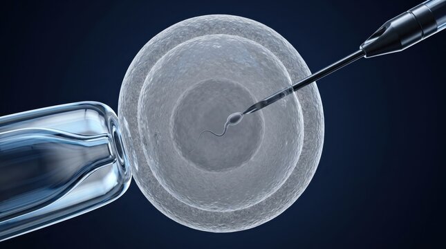 Scientific 3D illustration of intracytoplasmic sperm injection ICSI procedure for artificial in vitro fertilization.