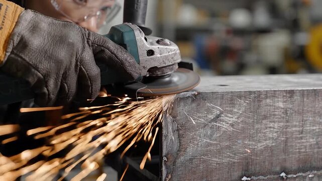 Worker using angle grinder on metal with bright sparks