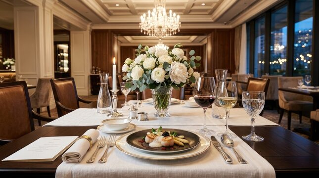 A beautifully set table in a luxurious dining room. A large, dark wooden table is covered with a white linen runner.