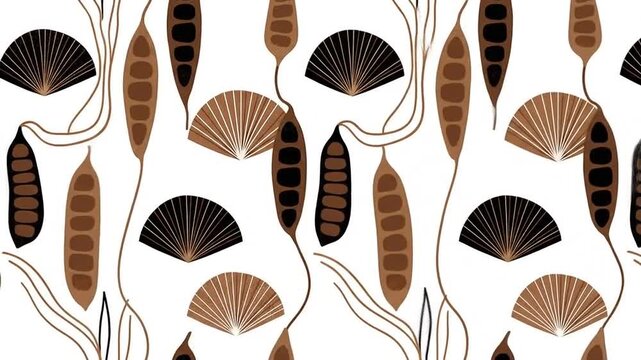 Abstract botanical pattern with rhythmic seed pods and palm leaves moving