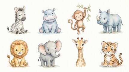Fototapeta premium Cute Watercolor Baby Safari Animals Set - Lion Elephant Giraffe Tiger Zebra Hippo Monkey Rhino Nursery Illustrations