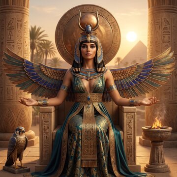 Majestic Egyptian goddess Isis with golden wings sitting on a stone throne inside an ancient temple with hieroglyph columns, a sacred falcon, and pyramids under a glowing sunset sky, digital art.