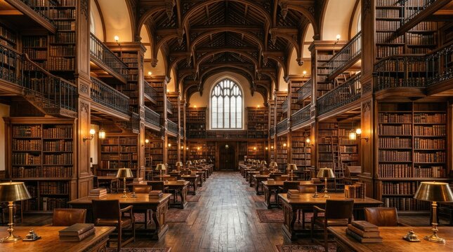 A grand library interior showcases towering bookshelves filled with aged books. Warm light emanates from brass lamps on wooden tables, illuminating the space.
