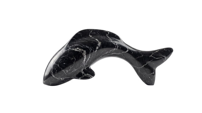Black marble stone dolphin figurine, polished shark sculpture, smooth fish ornament, dark animal carving, glossy marine decor, glossy fish replica
