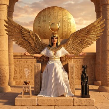 Majestic Egyptian goddess Isis with large golden wings sits on a stone throne in an ancient temple during a warm sunset, wearing a white pleated dress and divine crown with hieroglyphic details.