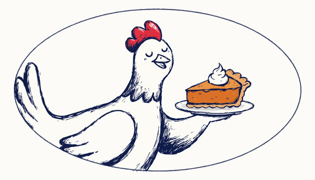 chicken holding pumpkin pie on plate