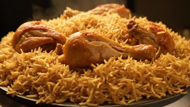 Appetizing close-up of steaming traditional Middle Eastern chicken and rice dish, possibly Kabsa or Mandi, served hot on a large platter with golden, savory grains.