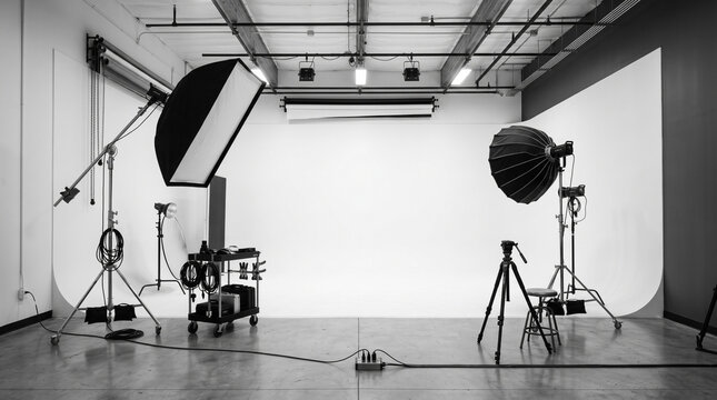 Wide angle black and white view of an empty professional photo studio with white infinity cyclorama cyc wall and floor, featuring studio strobe lights on C-stands