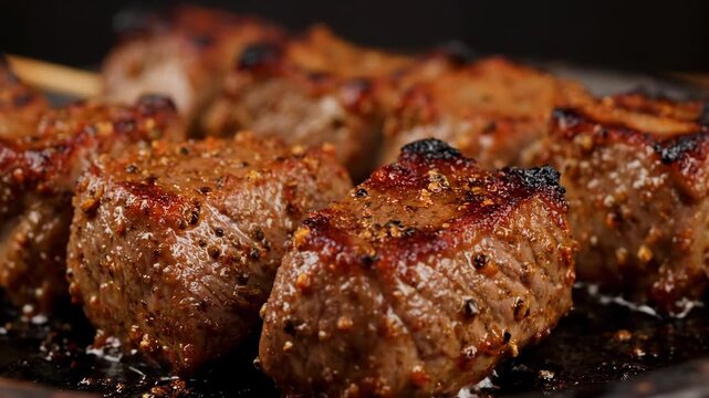 Close-up macro shot of perfectly grilled and seasoned beef steak cubes roasting on a dark surface, emphasizing a crispy, savory crust and high protein texture.
