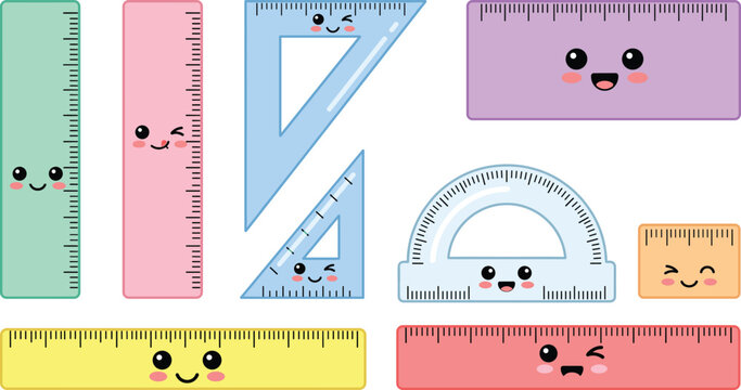 Cute Ruler Emoji Icon Set with Kawaii Face Expressions Protractor and Triangle Math Measuring Tools Vector Graphic Design