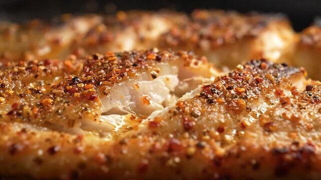 Close-up macro shot of delicious white fish fillets heavily seasoned with spices and herbs, being grilled or seared in a pan, showcasing a golden-brown crust and juicy texture.