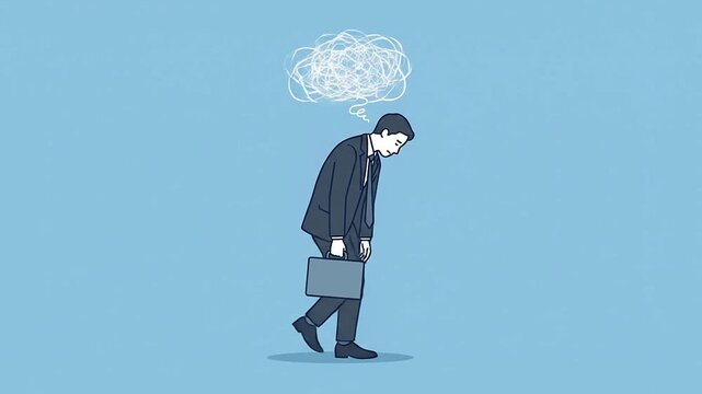 Stressed businessman walking with a messy thought bubble in a cartoon style