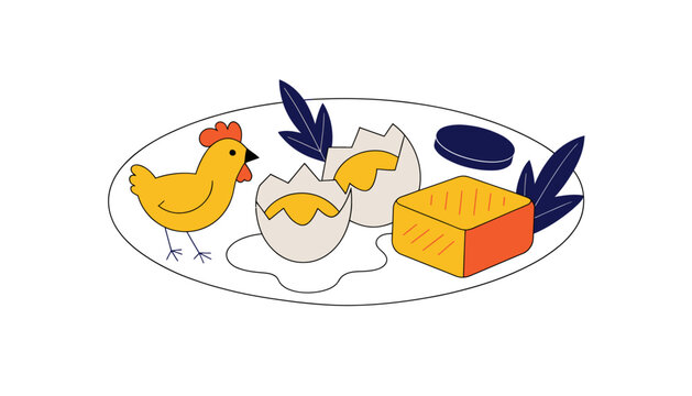 chicken, eggs, cheese and bread on plate