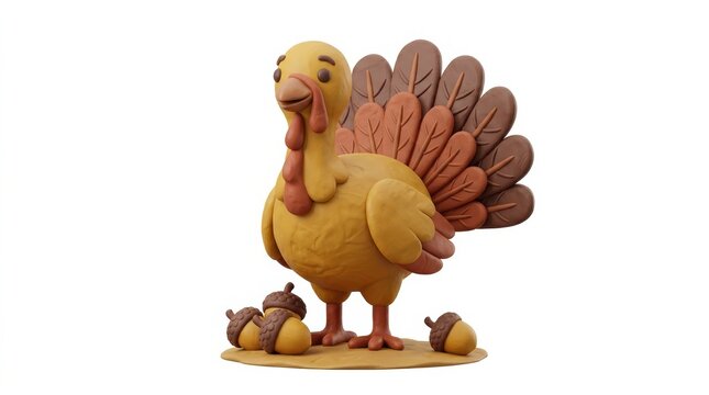 Claymation style turkey character standing with acorns isolated on white background
