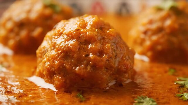 Close-up of rich orange curry dish, featuring a succulent meatball or kofta submerged in a creamy tomato gravy, garnished with cilantro, macro food photography.