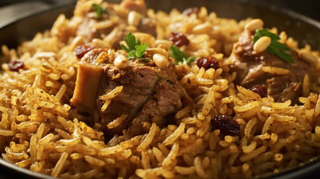 Close-up of Traditional Middle Eastern Kabsa or Machboos Spiced Rice Dish with Succulent Lamb Meat, Toasted Pine Nuts, and Dried Raisins on a Dark Plate