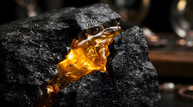 Close up of black rock with luminous amber resin filling a jagged crack with golden light 8K UHD