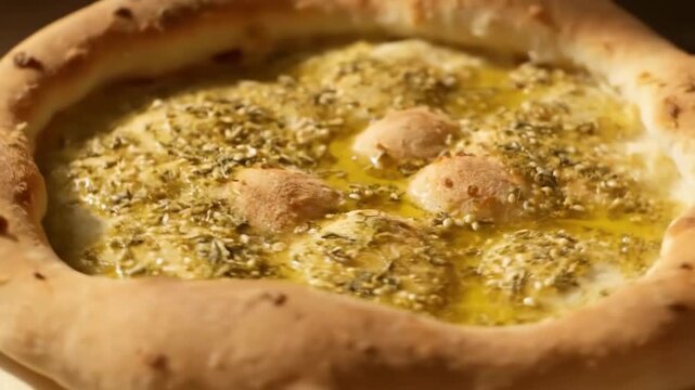 Delicious freshly baked Za'atar Flatbread (Manakish) covered in golden olive oil, sesame seeds, and herbs, showcasing traditional Middle Eastern cuisine.