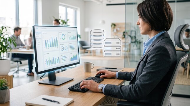 Professional businesswoman analyzing complex data analytics dashboard on computer monitor, managing cloud server database infrastructure in modern bright office workspace